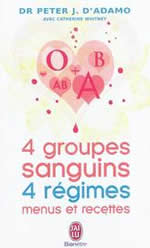 D´ADAMO Peter J. 4 groupes sanguins, 4 régimes : menus et recettes Librairie Eklectic